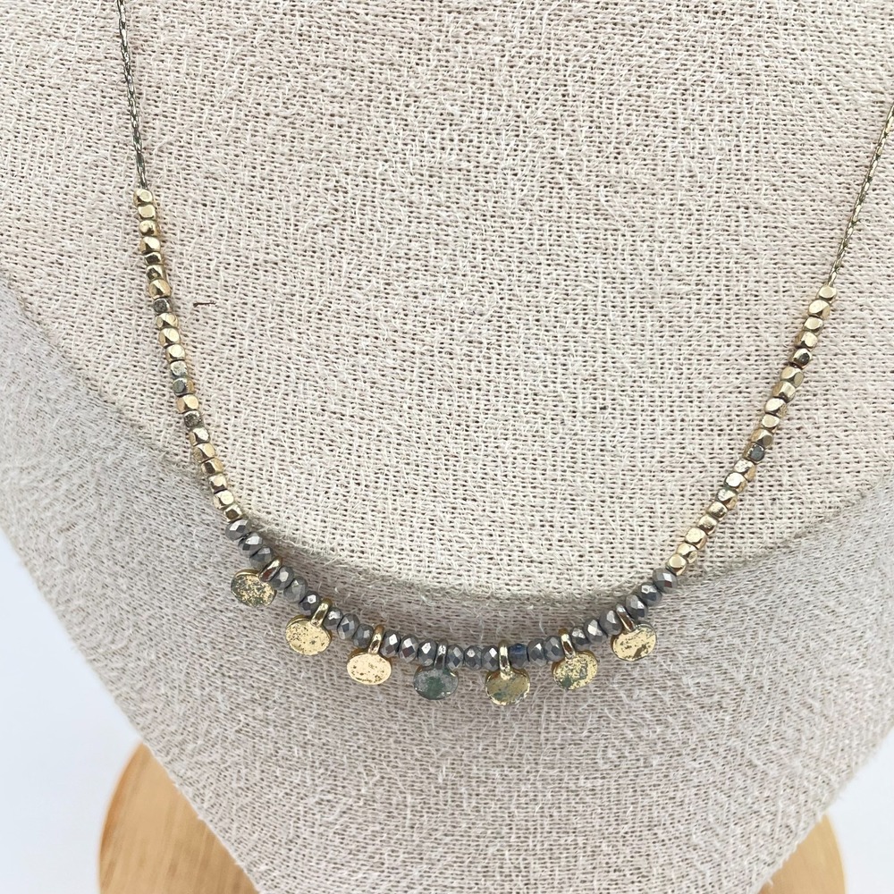 Vtg Mixed Metal Beaded Necklace Gold Silver Tone Dainty Boho Disc Charm Choker